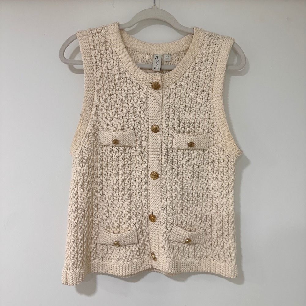Joie Textured Knit Button Front Vest Womens Large Cream Gold Crest Buttons